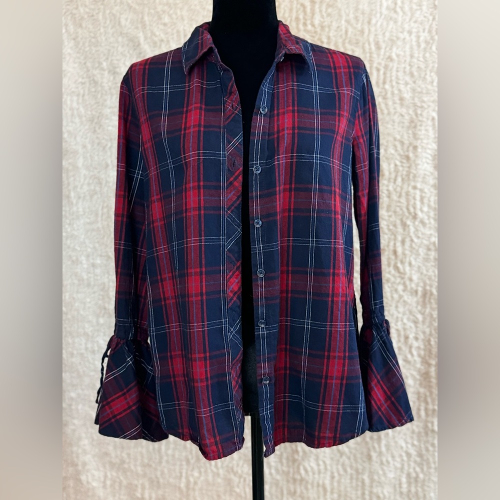 Time and Tru-Red and blue plaid button shirt with bell sleeves,  8-10